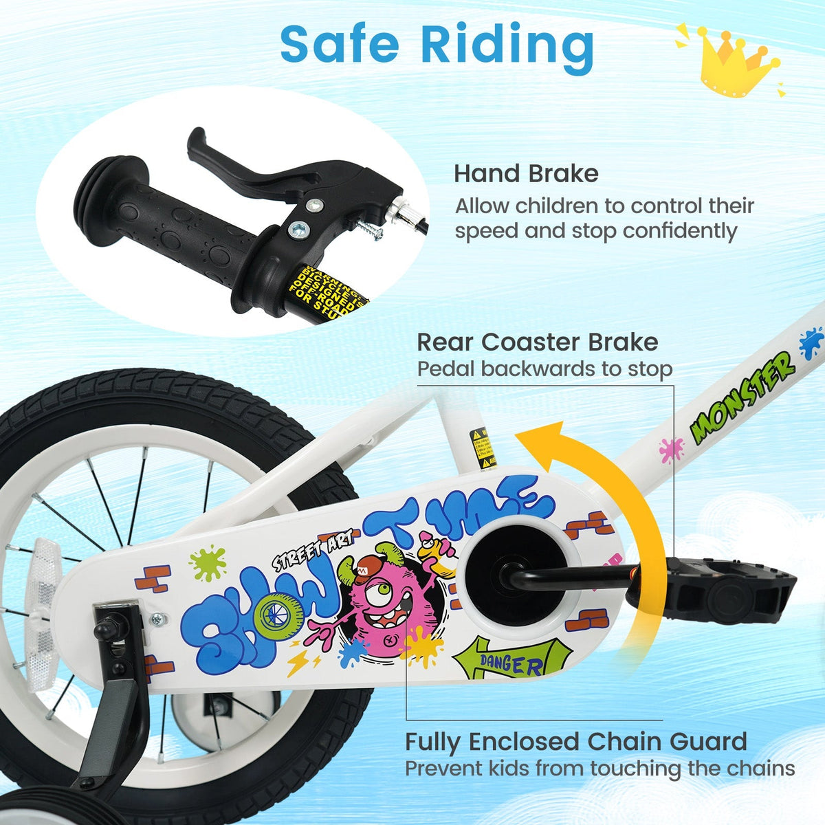 White kids bike with training wheels, 12-18 inch size, designed for children, featuring sturdy frame and colorful accents.