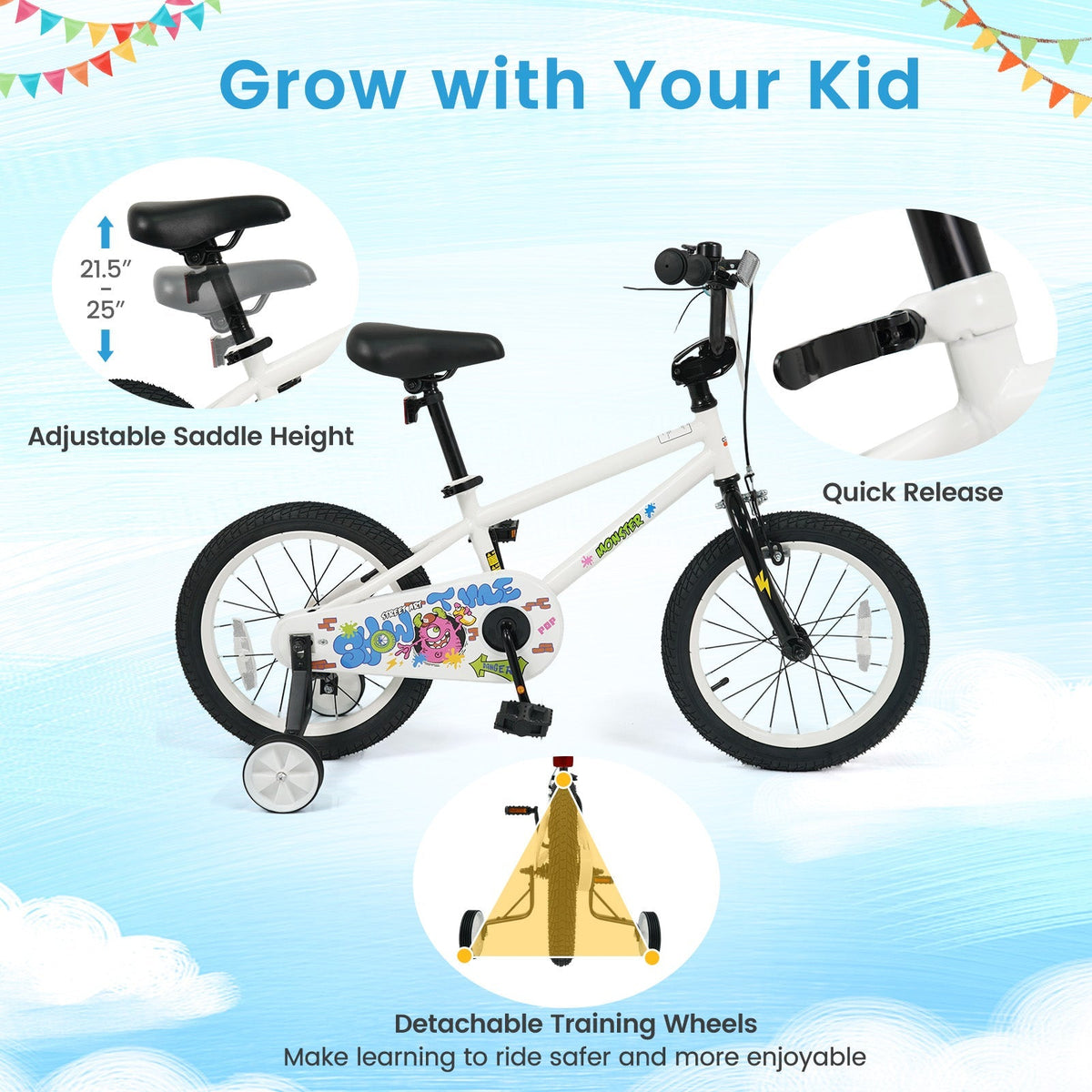 White kids bike with training wheels, 12-18 inch size, designed for young children, featuring a sturdy frame and colorful accents.