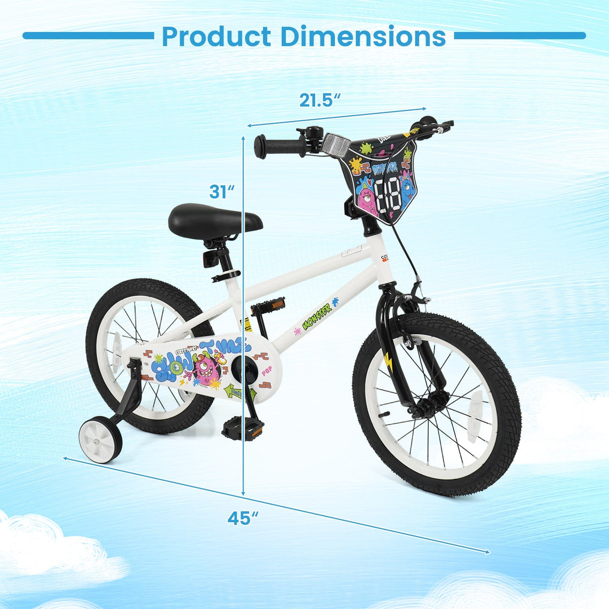 White kids bike with training wheels for 12-18 inch wheels, suitable for young children, featuring a sturdy frame and colorful accents.