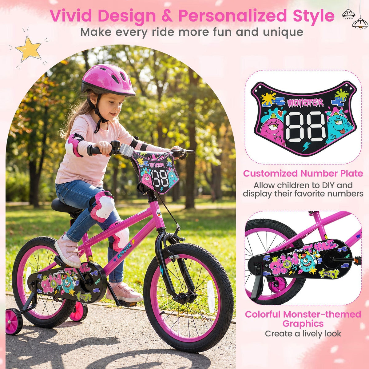 Pink kids bike with training wheels, 12-18 inch size, from GBruno Store, designed for young children learning to ride.
