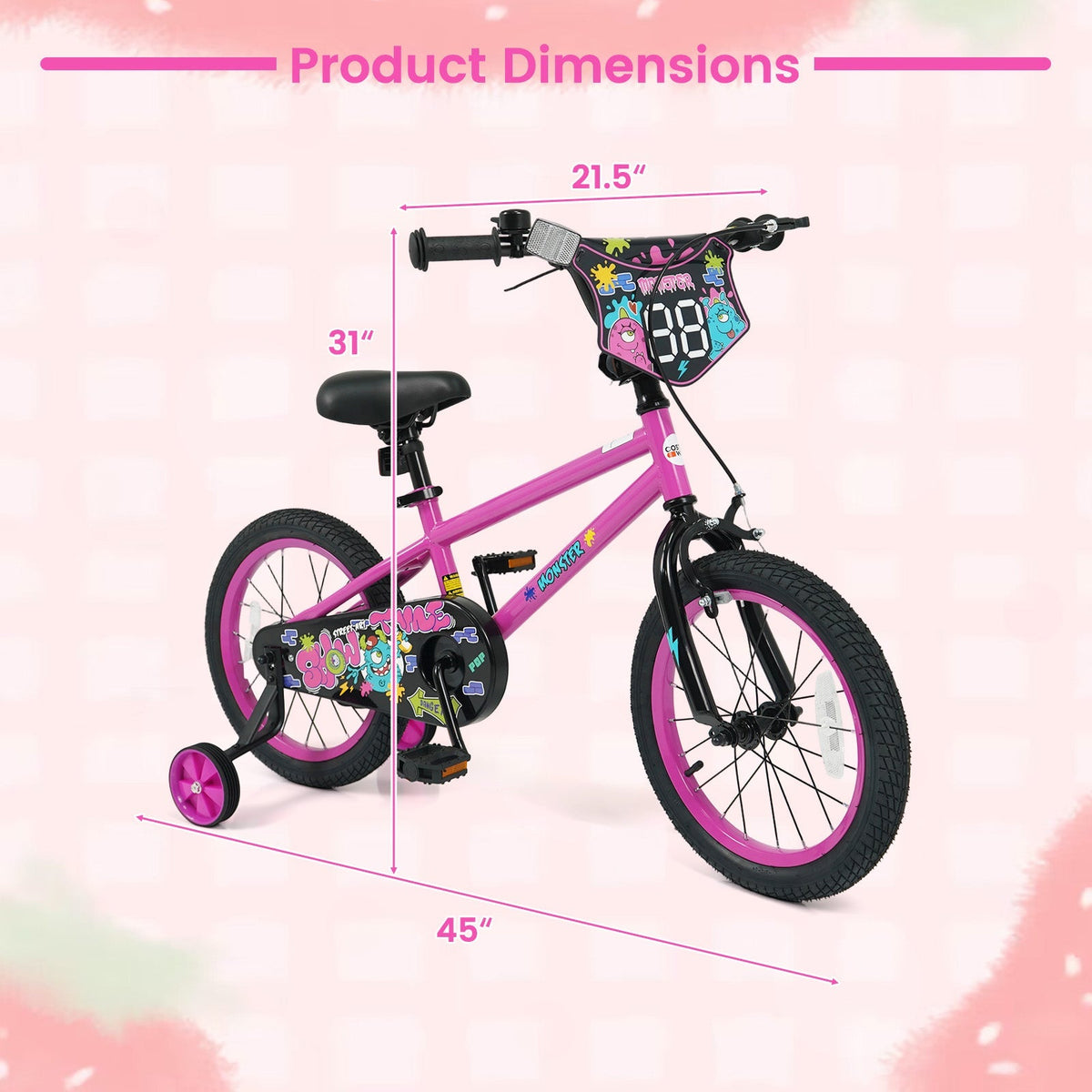 Pink kids bike with training wheels, 12-18 inch size, from GBruno Store, designed for young children learning to ride.