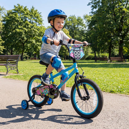Kids 16-inch bike with training wheels for ages 4-7, featuring a colorful frame and sturdy design for young riders.