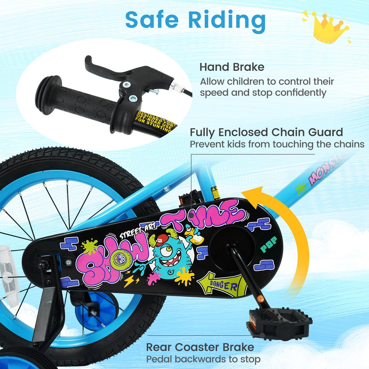 Kids 16-inch bike with training wheels for ages 4-7, featuring vibrant colors and durable frame, ideal for young beginners.