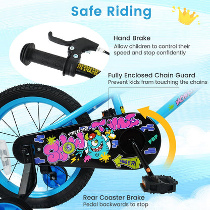 Kids 16-inch bike with training wheels for ages 4-7, featuring vibrant colors and durable frame, ideal for young beginners.