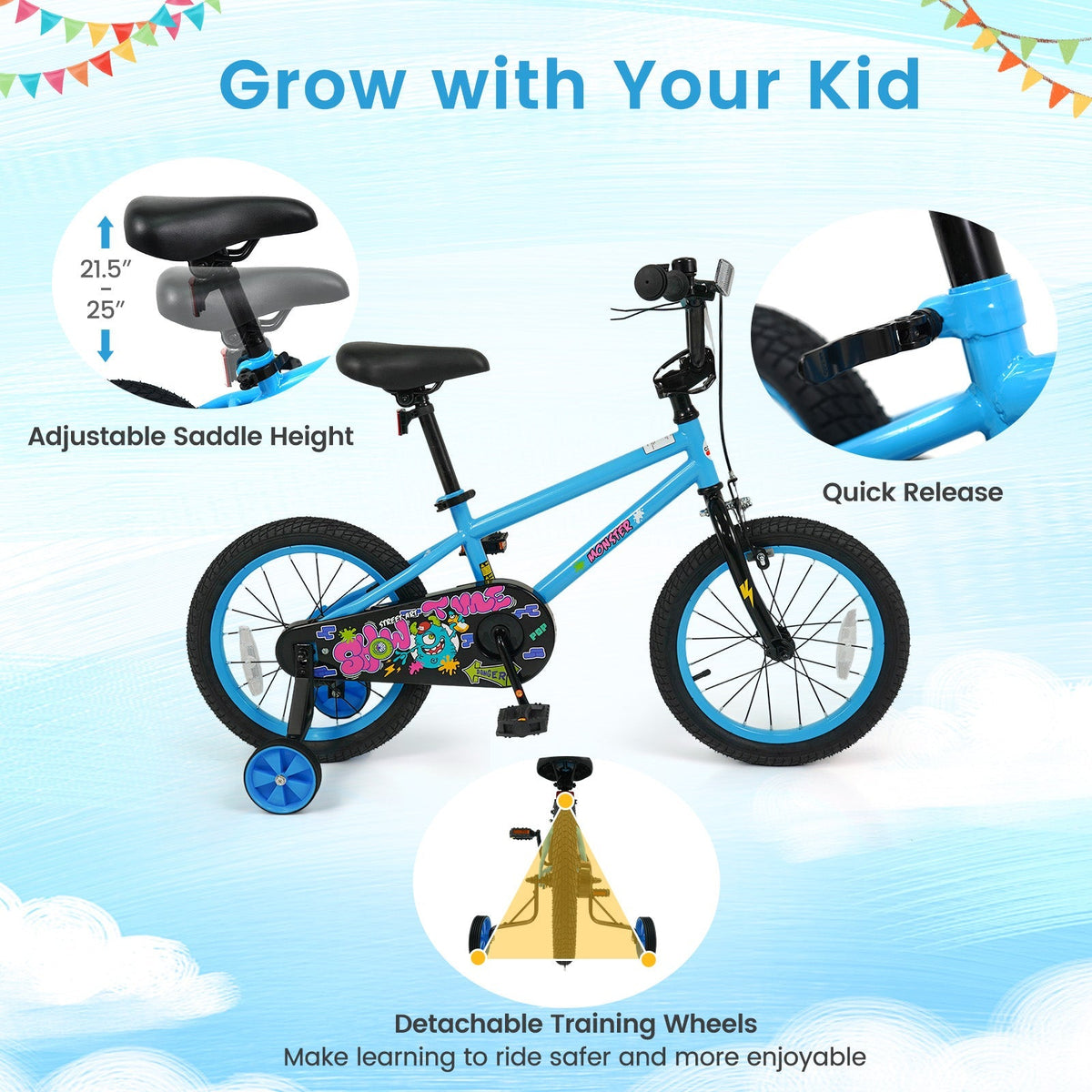 Kids bike with 16-inch wheels and training wheels for ages 4-7, featuring colorful frame and adjustable seat from GBruno Store