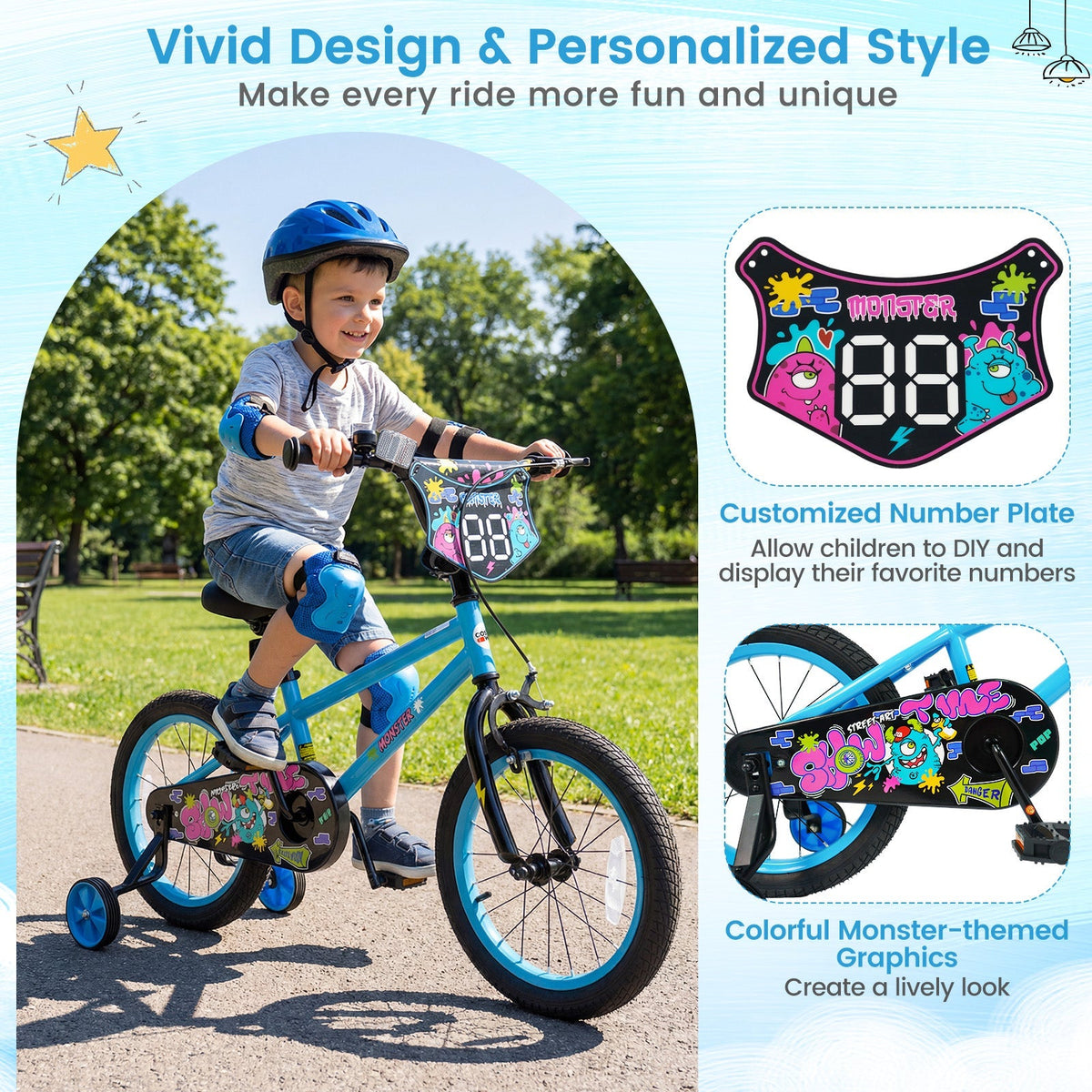 16-inch kids bike with training wheels from GBruno Store, suitable for ages 4-7, featuring colorful frame and safety grips.