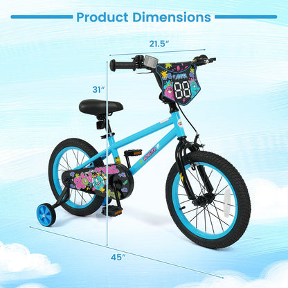 Kids bike with 16-inch wheels, blue frame, training wheels, suitable for children ages 4 to 7, by GBruno Store.