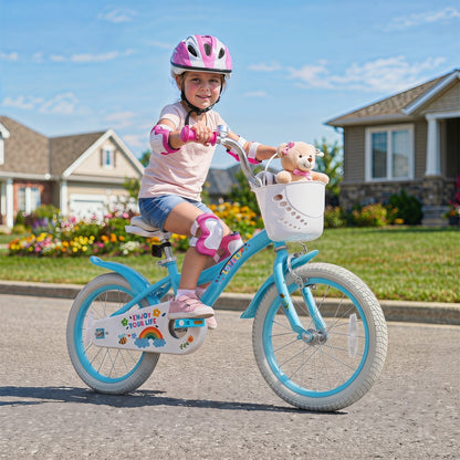 Girls bike with 16-inch wheels, training wheels, and a front basket, designed for kids by GBruno Store.
