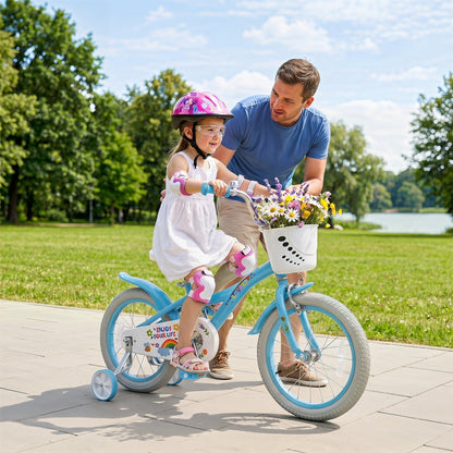 Colorful girls' kids bike with 16-inch wheels, training wheels, and a front basket, designed for ages 12-18 inches.