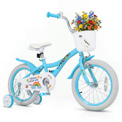 Girls bike for ages 12-18 inches with training wheels and basket, featuring a colorful frame and sturdy tires for safe riding.