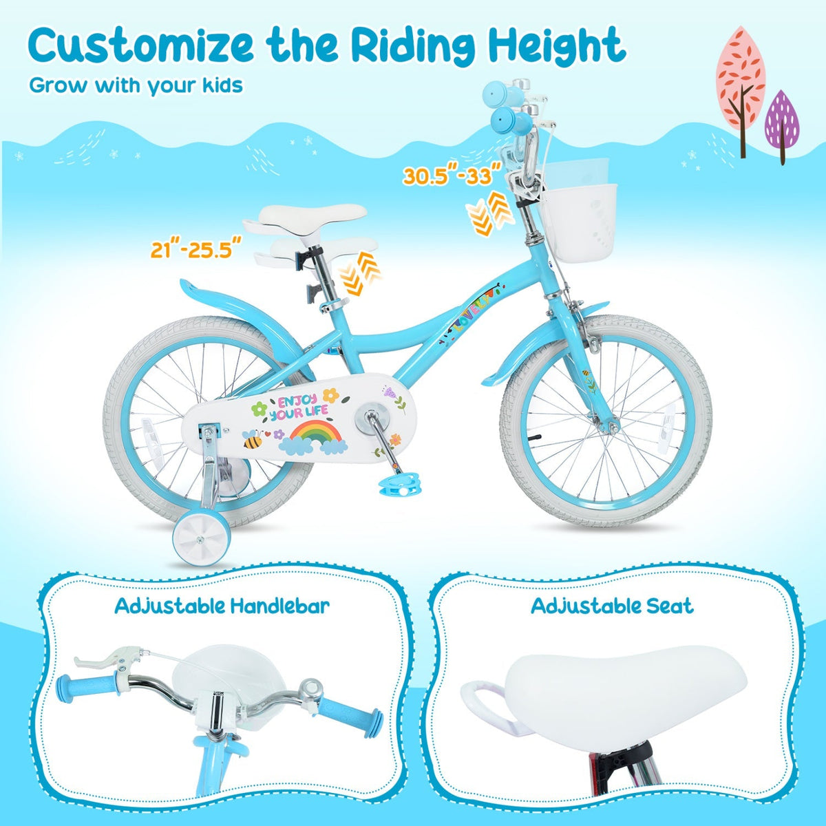 Girls bike for ages 12-18 inches with training wheels and basket, featuring a colorful frame and sturdy tires.