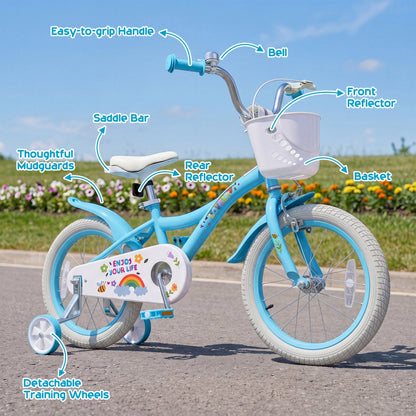 Girls 12-18 inch kids bike with training wheels and front basket, pink frame and colorful accents, suitable for young riders.