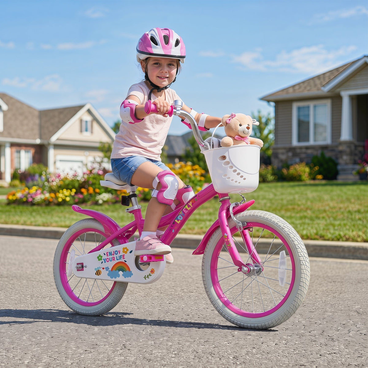 Girls kids bike with 16-inch wheels, training wheels, and a front basket, perfect for young riders from GBruno Store.