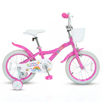 Girls bike for ages 12-18 inches with training wheels and a front basket, featuring a colorful frame and adjustable seat.