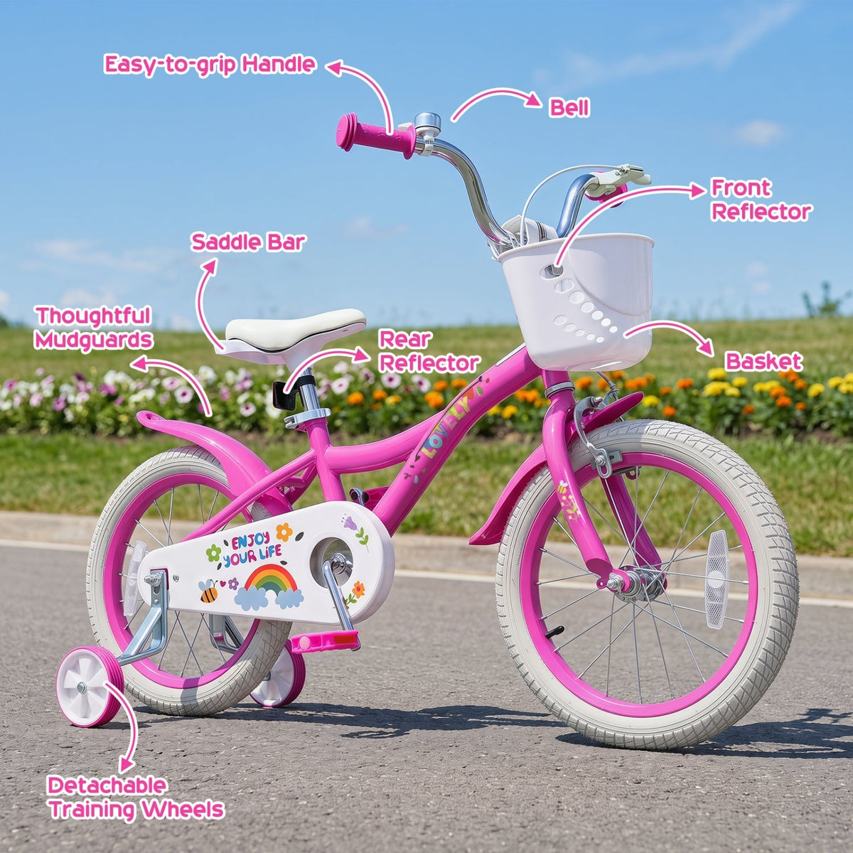 Girls 12-18 inch kids bike with training wheels, basket, pink frame, and colorful accents, ideal for young children learning to ride.