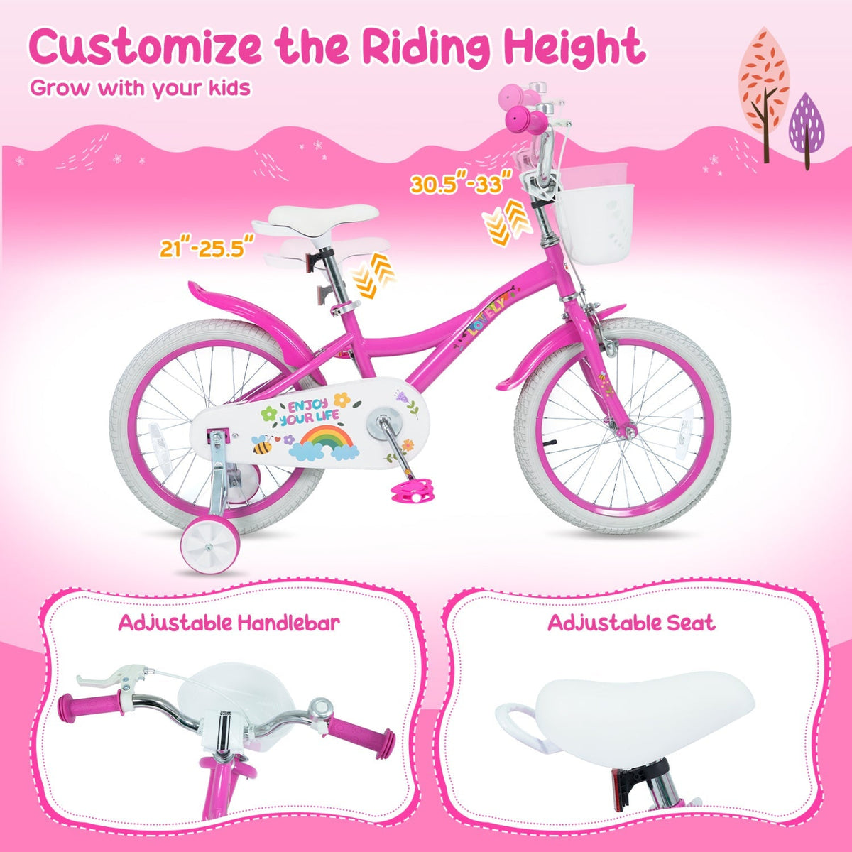 Girls 12-18 inch kids bike with training wheels and front basket, featuring a colorful frame and sturdy design for young riders.