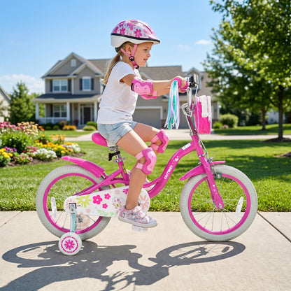 Girls 12-18 inch kids bike with training wheels and front bag, featuring colorful frame and adjustable seat for young riders.