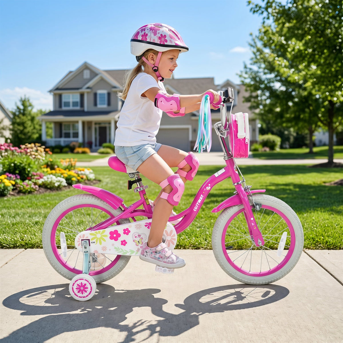 Girls 12-18 inch kids bike with training wheels and front bag, featuring colorful design and sturdy frame for young riders.
