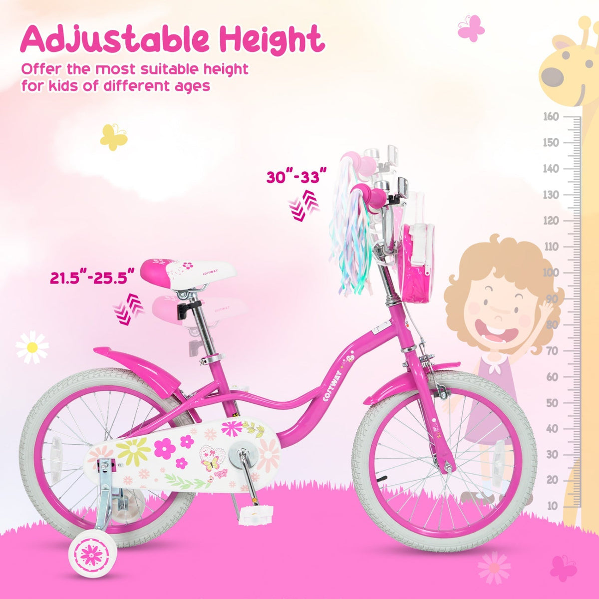 Girls Kids Bike by GBruno Store with 16-inch wheels, training wheels, and a front storage bag, suitable for ages 12-18 inches.