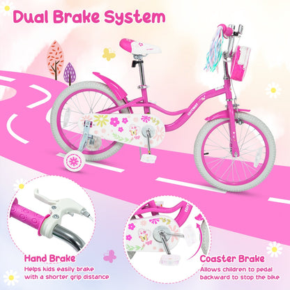Girls 12-18 inch kids bike with training wheels and front bag, featuring a colorful frame and safety features for young riders.