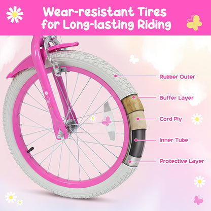Girls kids bike with 16-inch wheels, training wheels, and front bag, featuring colorful design perfect for young riders.