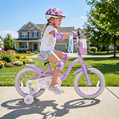 18-inch girls' kids bike by GBruno Store with training wheels and a front bag, featuring a pink frame and colorful design.