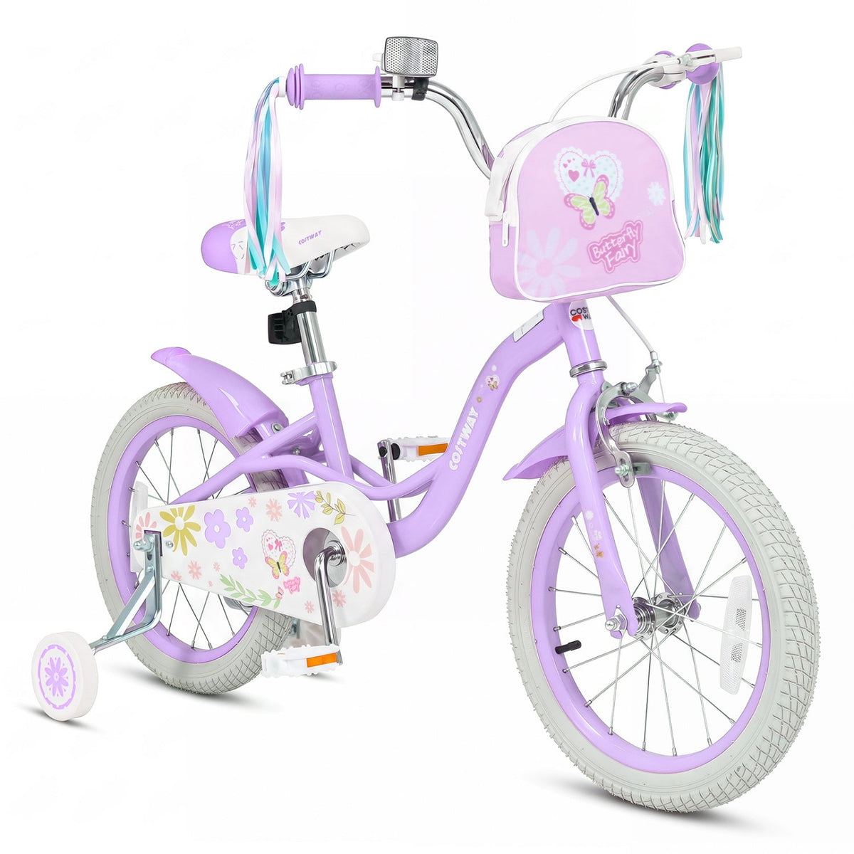 Girls 18-inch kids bike by GBruno Store with training wheels and a front bag, featuring a colorful frame and adjustable seat.