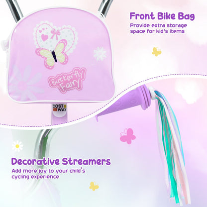 Girls 18-inch kids bike by GBruno Store with training wheels and a front bag, featuring a colorful frame and safety grips.