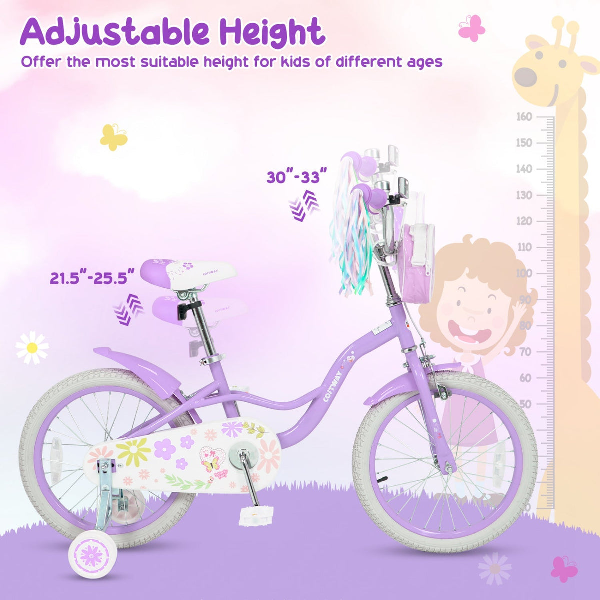 Girls 18-inch kids bike by GBruno Store with training wheels and a front bag, featuring a colorful frame and adjustable seat.