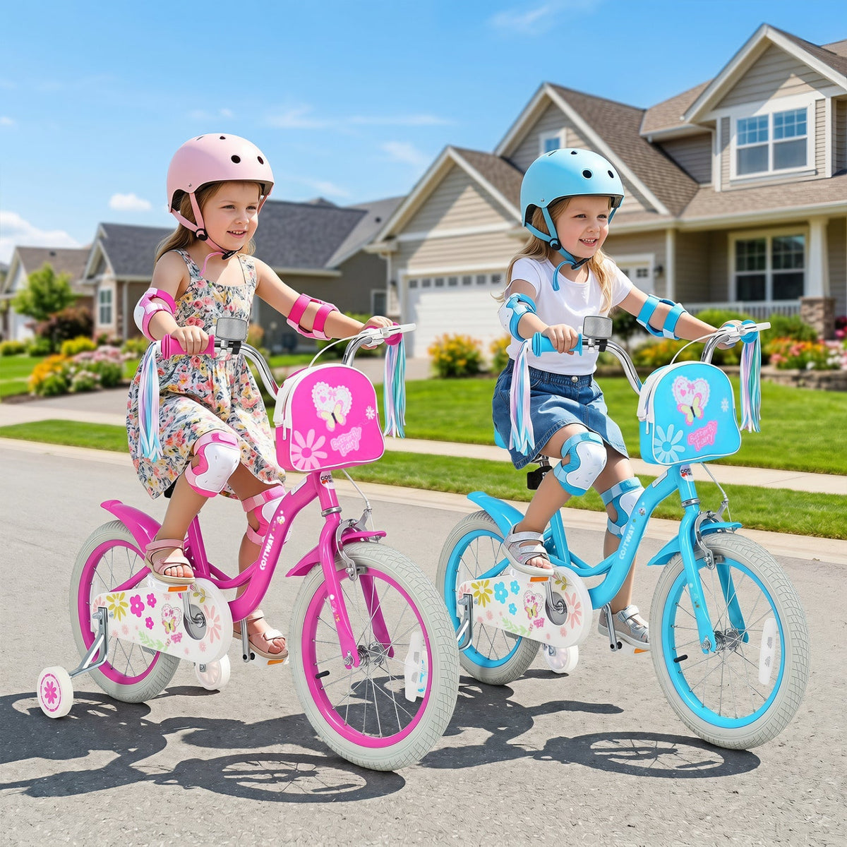 Girls bike with 16-inch wheels, training wheels, and a front bag, designed for kids aged 12-18 inches by GBruno Store.