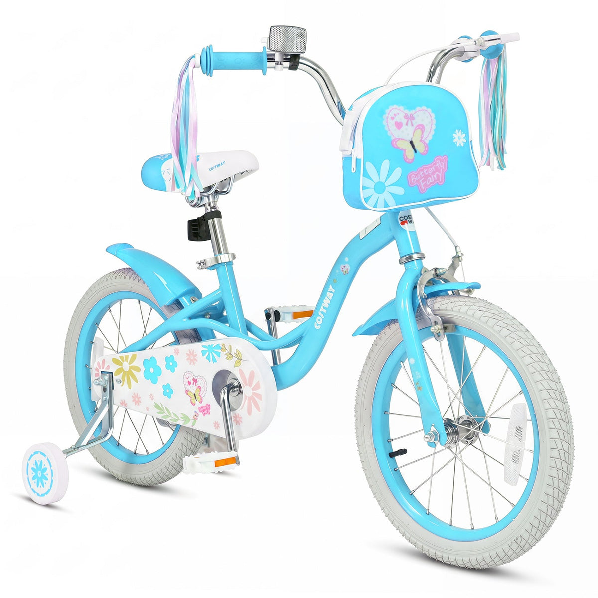 Girls bike for ages 12-18 inches with training wheels and front bag, featuring a colorful frame and safety features.