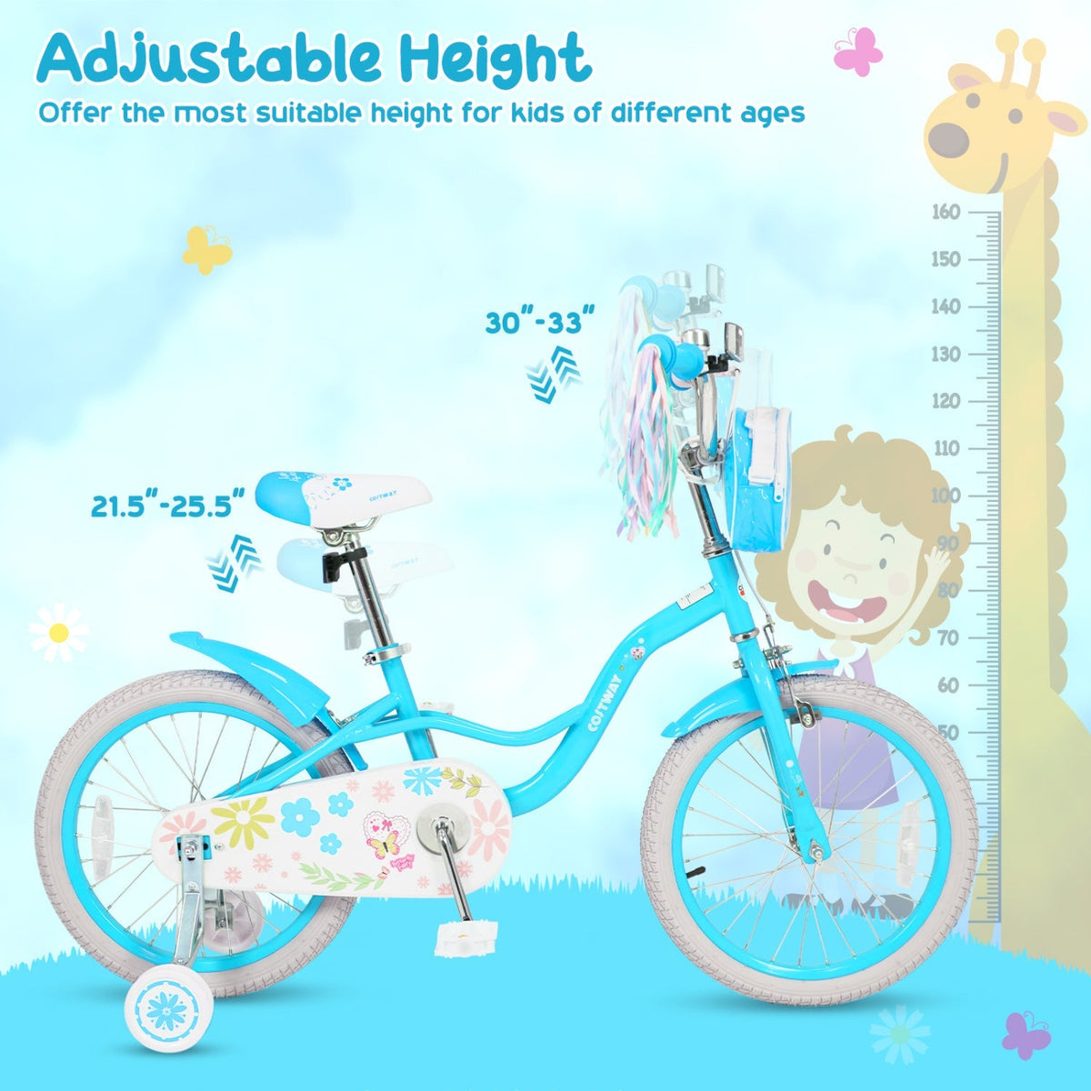 Girls 12-18 inch kids bike with training wheels and front bag, featuring colorful frame and sturdy tires for young riders.