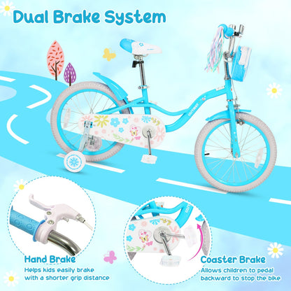 Girls kids bike with 12-18 inch wheels, training wheels, and front storage bag, in bright pink with colorful accents.