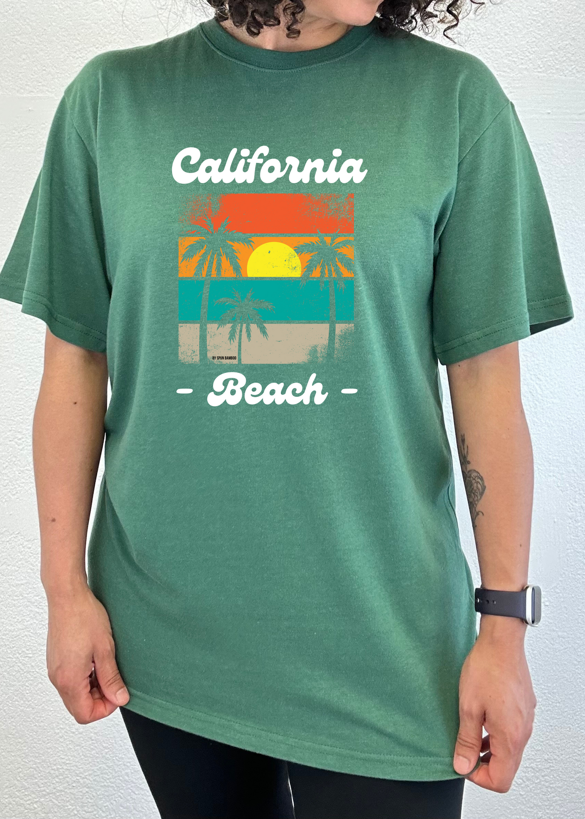 Men's printed graphic T-shirt by Spun Bamboo featuring California Beach design in bamboo viscose and organic cotton fabric.