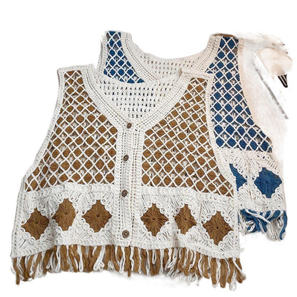 Vintage diamond-pattern tassel knitted vest for women, front view