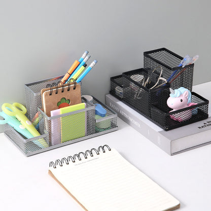 Creative metal four-grid pen holder for office use, featuring a modern design with multiple compartments for organization.