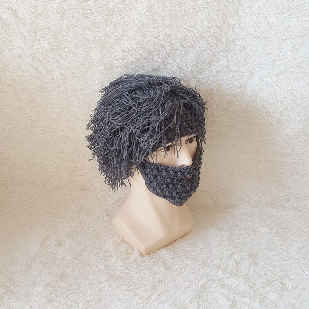 Creative knitted ski hat with attached wig beard, novelty winter accessory in a playful design