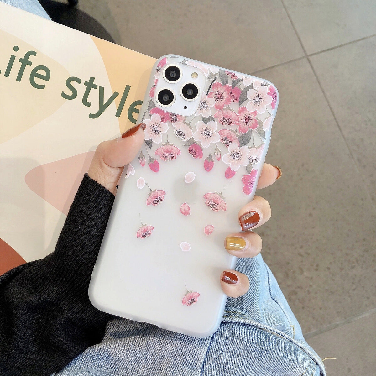 Frosted transparent creative flower phone case with a delicate floral design