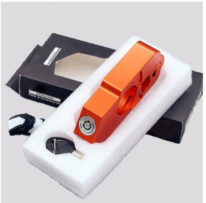 Motorcycle handlebar lock, compact black anti-theft security device close-up