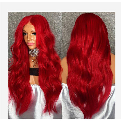 Long curly red female wig displayed on a mannequin head, synthetic costume hairpiece (Brand: My Store)