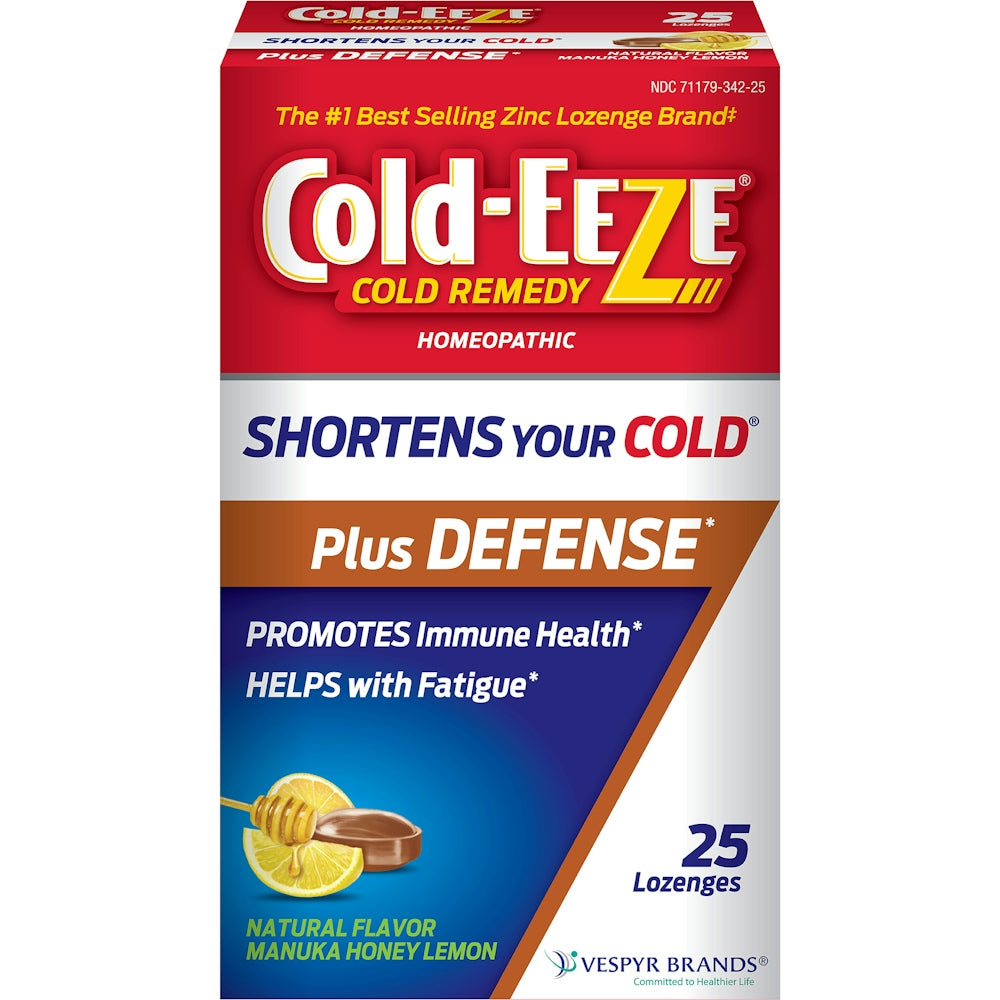 Cold-EEZE natural Manuka Honey Lemon lozenges in a 25-pack, soothing cold remedy by Pasteur Pharmacy.