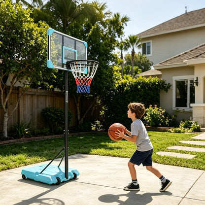 Adjustable kids basketball hoop by GBruno Store with 5.6-7ft height range and wheels for easy mobility, suitable for outdoor play.