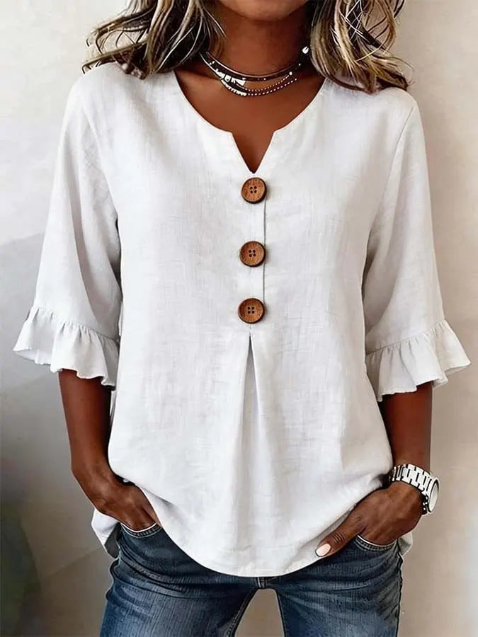 Women's V-neck cotton linen button-up shirt, solid color, short sleeves, button design