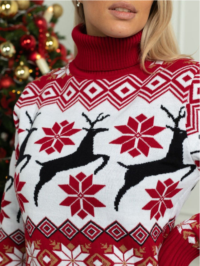 Christmas elk jacquard long sleeve turtleneck sweater for couples, men's and women's clothing