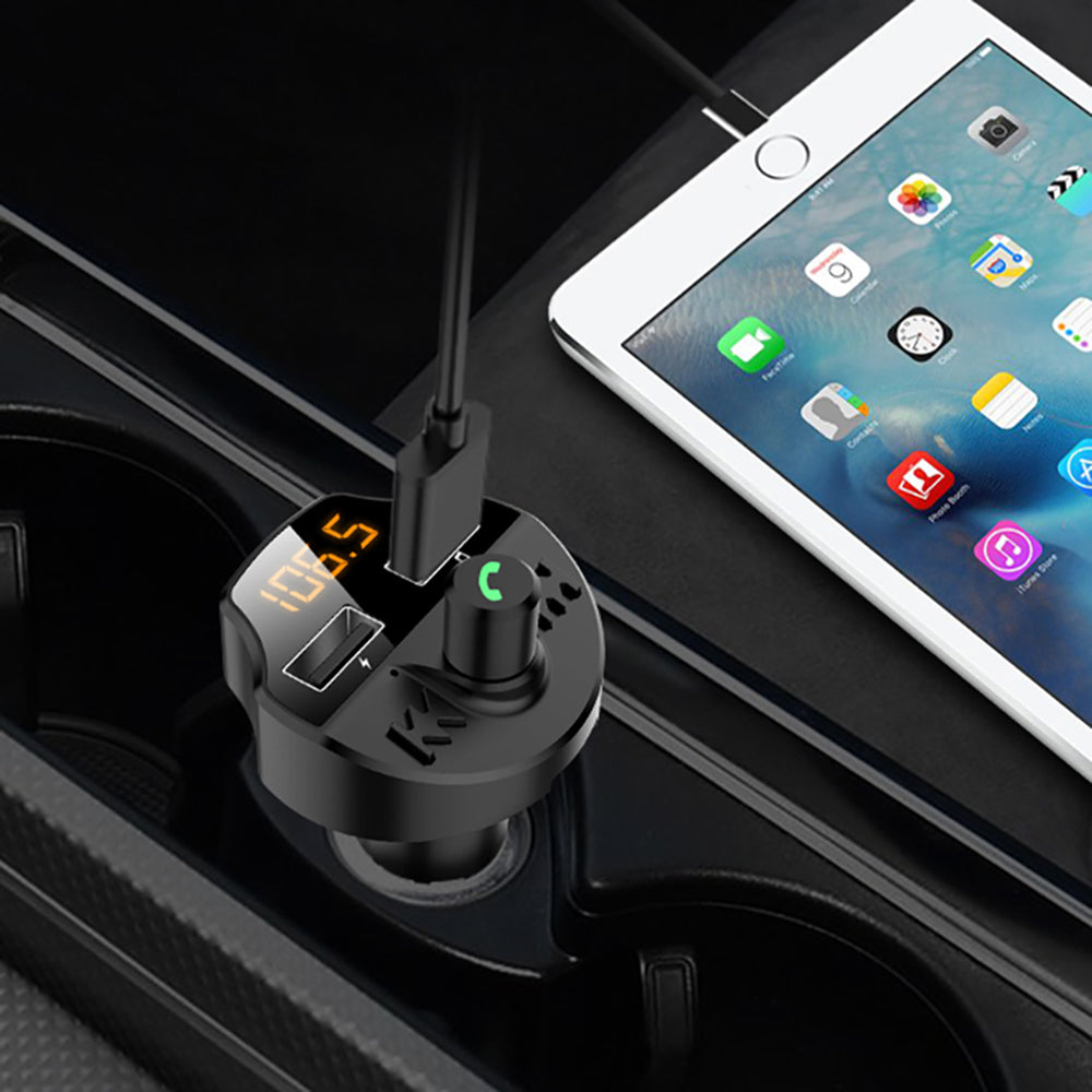 T66 car MP3 Bluetooth player with compact black design and USB charging port