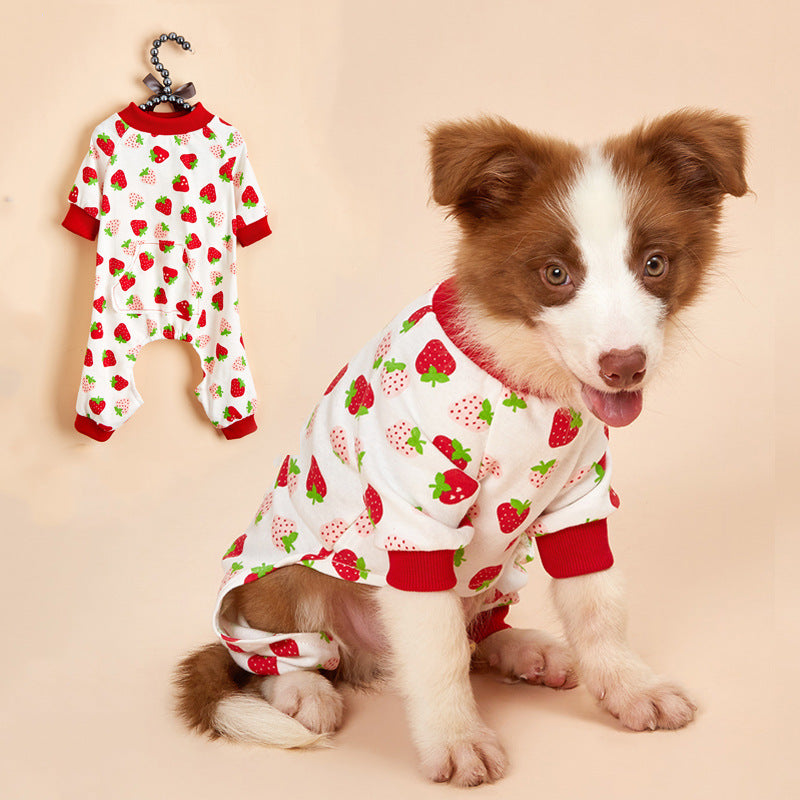 Dog cotton four-legged knit clothes in a cozy knitted design, shown on a pet mannequin