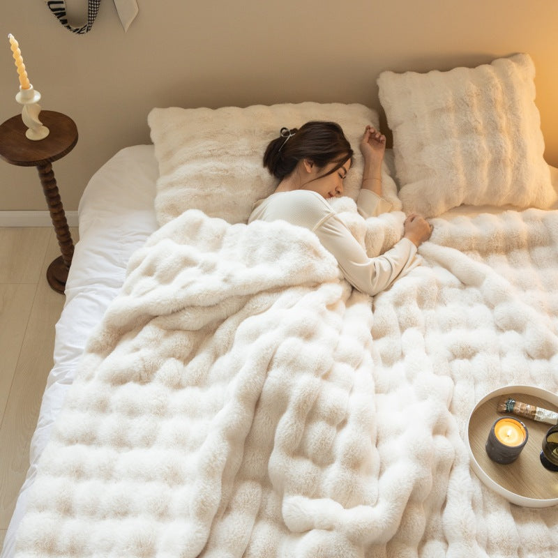 Rabbit bubble velvet polyester carpet blanket quilt with thickened nap texture folded on display