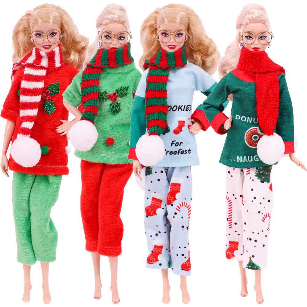 Christmas bookshelf doll clothing accessories displayed for seasonal doll outfits