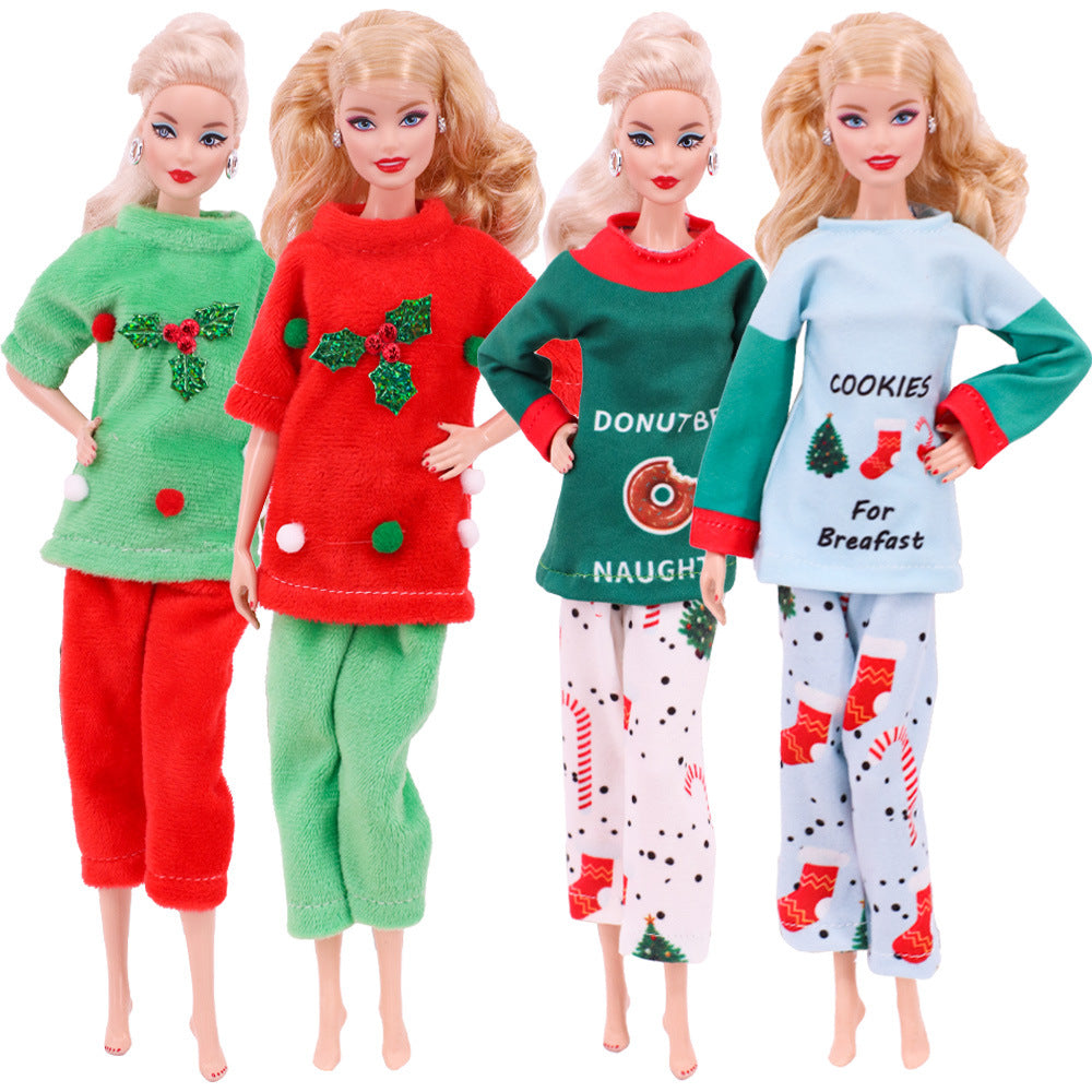 Christmas bookshelf doll clothing accessories displayed together, including festive outfits and miniature props