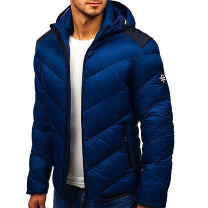 Warm hooded jacket displayed in a simple product image, featuring a cozy hood and full-length design